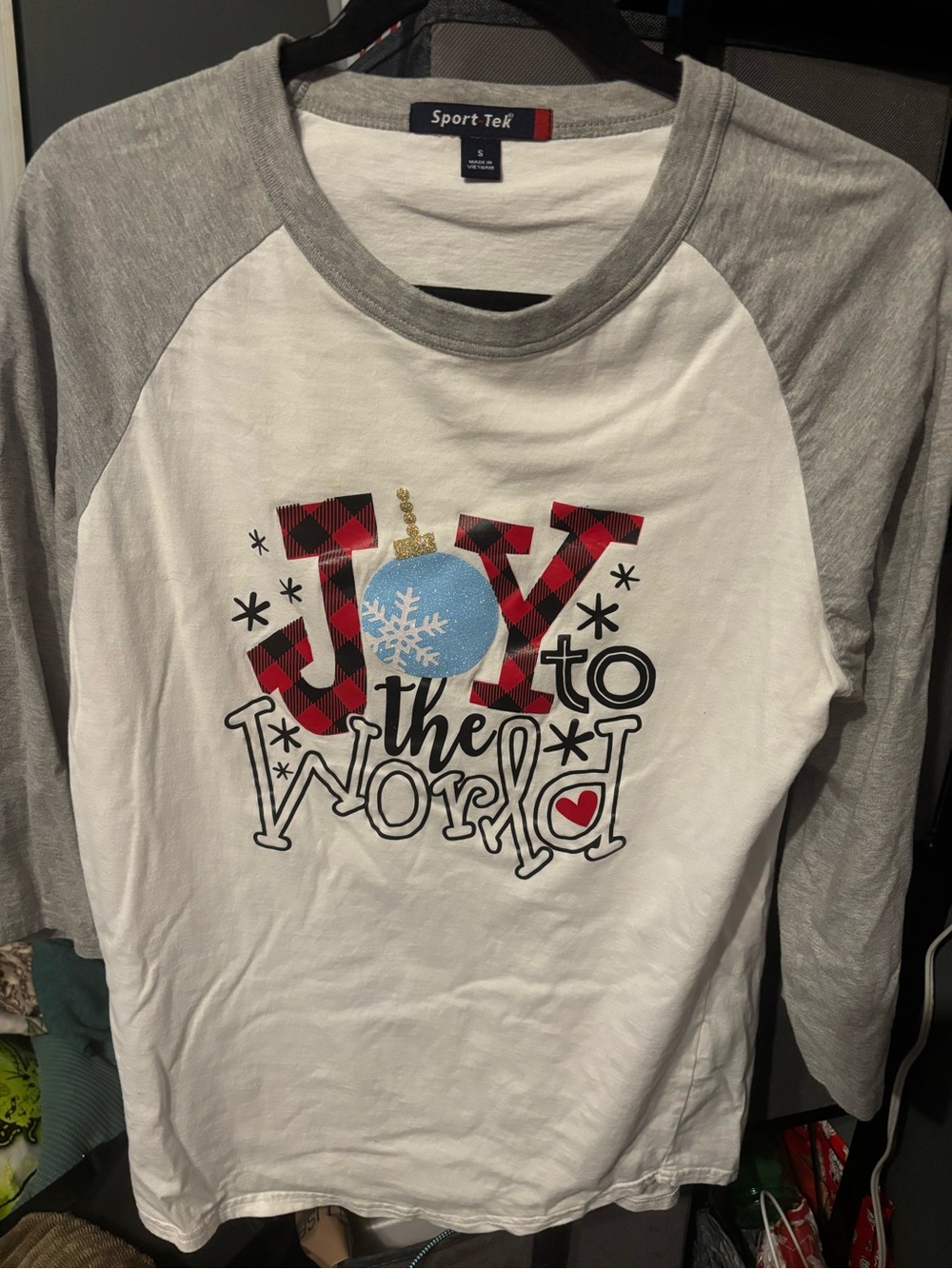 Sport-Tek  "Joy to the World" White & Gray Raglan Tee Small